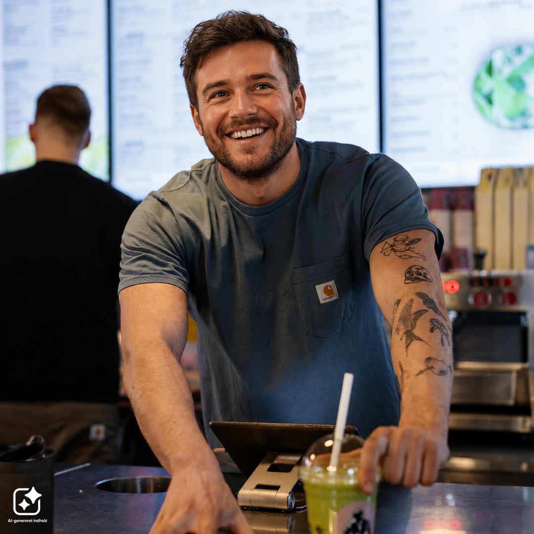 Smilende medarbejder fra Joe & The Juice på Frederiksberg.